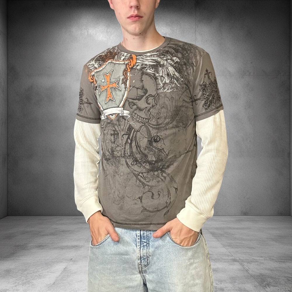MMA Elite Graphic T-Shirt Mens Medium Grey Skull Shield Y2K Grunge Skater Tee